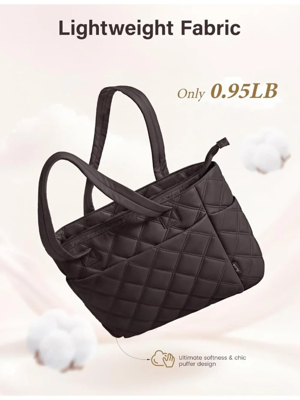 👜Women's Dark Brown Puffer Tote Bags Lightweight Quilted Work For Travel